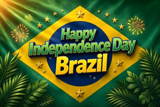 Happy Independence Day Brazil green and yellow text centered over a Brazilian flag-inspired background, golden stars, soft fireworks, green foliage silhouettes, vibrant festive lighting