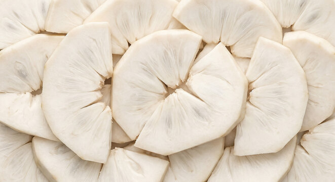 Macro texture background of freshly sliced white cherimoya fruit pieces