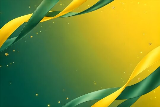 Brazil Independence Day festive background, elegant green and yellow gradient, Brazilian flag-inspired flowing ribbons, subtle stars, glowing particles, celebratory atmosphere