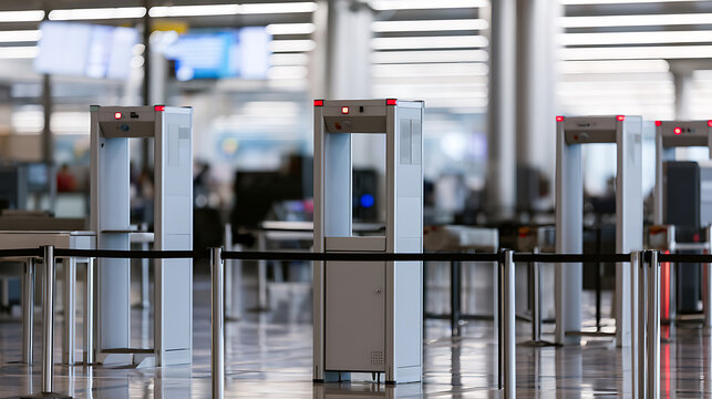 Metal detectors at the airport security checkpoint, line barrier queues, safety screening equipment, modern passenger terminal interior hall view