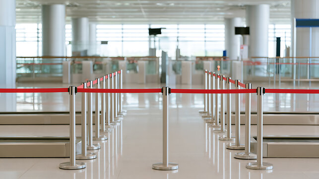 Empty airport security checkpoint terminal with metal queue stanchions, retractable red belts, and bright modern glass architecture space