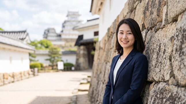 プロフィール写真をイメージした、日本の城の石垣にもたれかかり、穏やかな笑顔をカメラに向けている知的な印象の20代日本人女性社員のバストアップポートレート