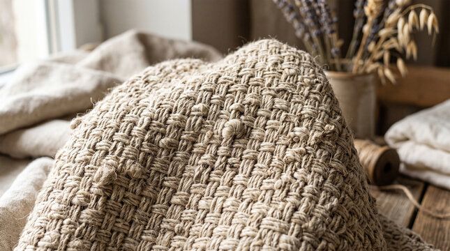 Macro view of natural woven hemp fabric texture in a rustic room with dried flowers