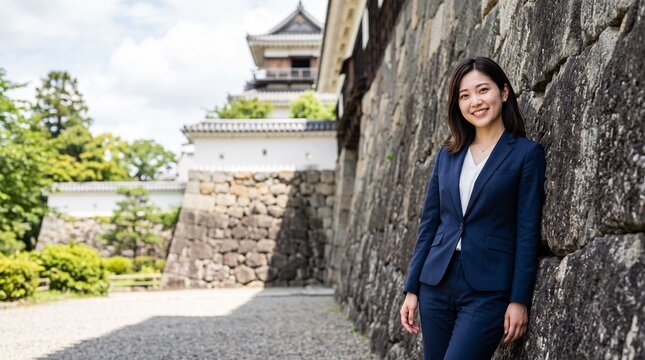 プロフィール写真をイメージした、日本の城の石垣にもたれかかり、穏やかな笑顔をカメラに向けている知的な印象の20代日本人女性社員のバストアップポートレート