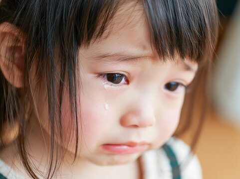 大きな瞳から涙をこぼし今にも泣き出しそうな子供のクローズアップ