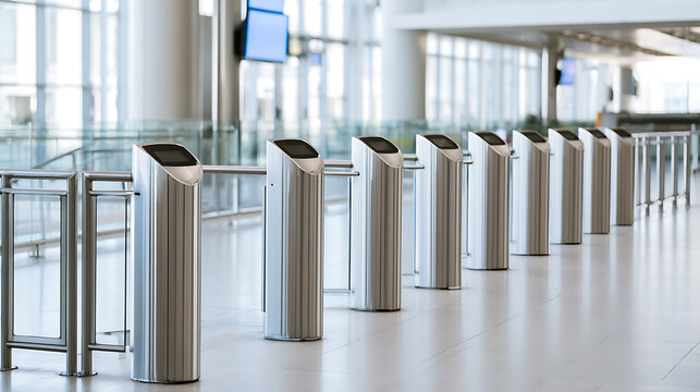 Modern automatic ticket gates in a bright terminal hall, stainless steel barrier turnstiles in empty public transport station, travel concept