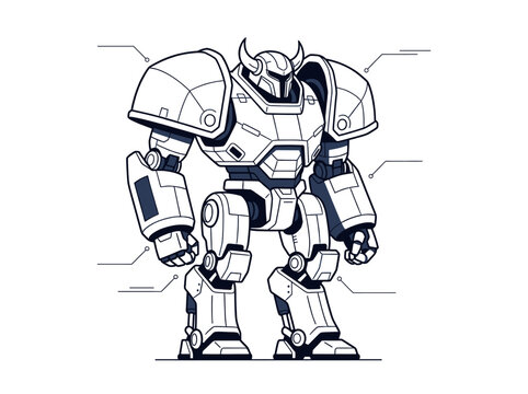 Futuristic armored robot mech design blueprint line art illustration mechanical warrior suit concept drawing