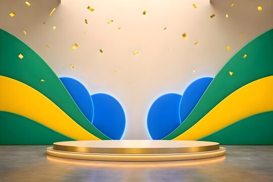 Brazil Independence Day festive podium background, green and yellow curved backdrop, blue glowing circular elements, golden confetti, elegant illuminated platform