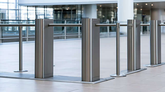 Modern electronic turnstiles in bright office lobby or station entrance with metallic barrier gates for access control and security checkpoint