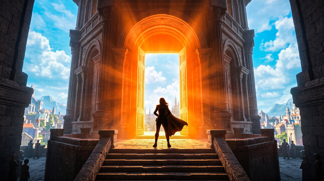 Female superhero wearing cape standing before massive open golden doors inside grand ancient temple while bright divine light rays pierce through majestic entrance