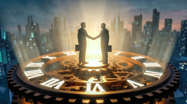 Silhouetted corporate partners shaking hands standing atop massive glowing golden mechanical clock gear dial against modern dark urban skyline during evening sunset