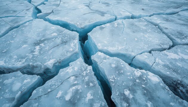 Glacial ice surface displays intricate patterns of deep cracks and frozen fissures that traverse the sprawling, cold terrain of a remote mountain range in the Arctic circle during winter season.