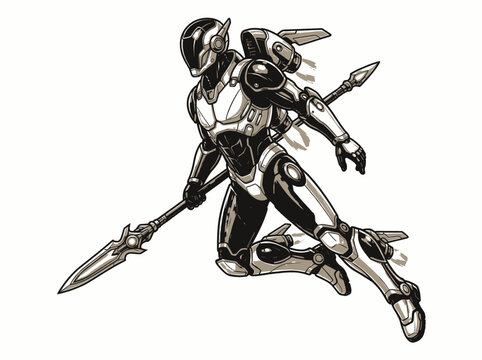 Futuristic armored warrior running with glowing sword dynamic action fantasy sci fi knight armor battle scene
