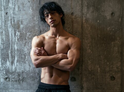 コンクリートの壁を背に美しく鍛え上げられた大胸筋と腹筋を披露する男性