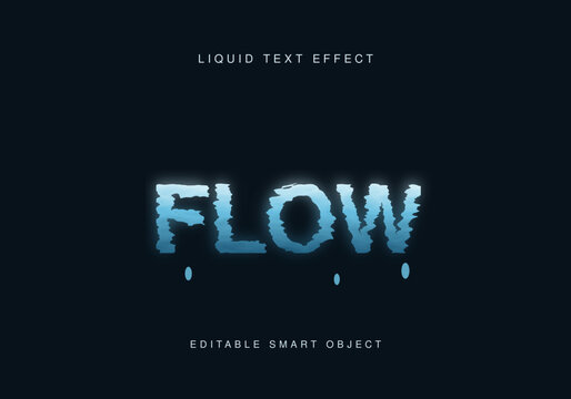 Liquid text effect with glowing blue flow word. Editable water ripple typography on dark background. Fluid font style for posters.