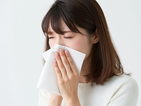 鼻詰まりが辛く目を閉じてティッシュをあてて耐える白いニットの女性