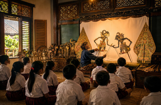 A shadow puppet master performs a traditional wayang kulit show for an attentive audience of schoolchildren in a room adorned with cultural artifacts.