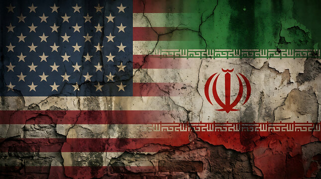 United States and Iran flags merged on a weathered cracked wall, representing international relations, diplomacy, geopolitics, and political tension.
