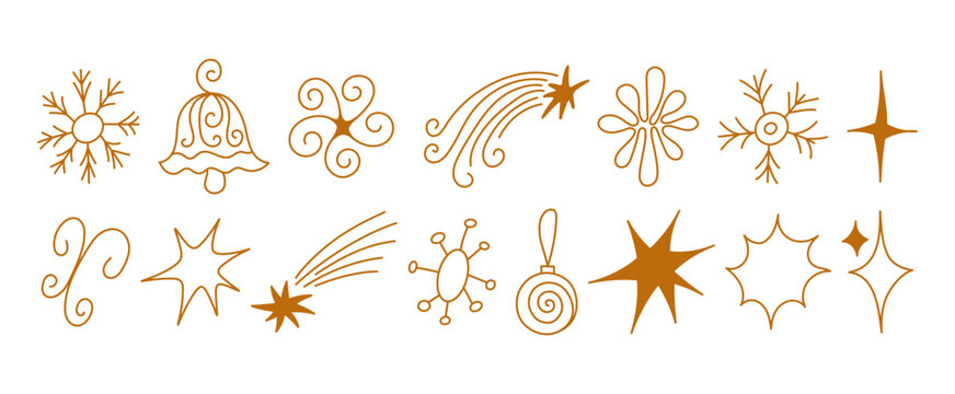 Hand-drawn collection of Christmas and New Year decorative icons featuring snowflakes, Christmas trees, ornaments, stars, bows, gifts, and festive elements