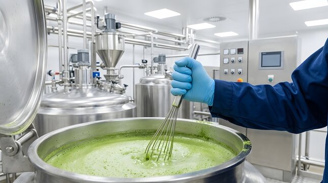Worker Whisking Green Matcha Mixture in Industrial Mixing Tank