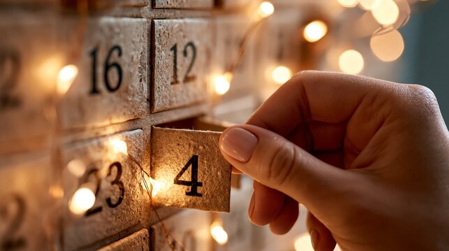 A hand opens a numbered compartment on a rustic advent calendar, illuminated by warm fairy lights, creating a cozy festive atmosphere.