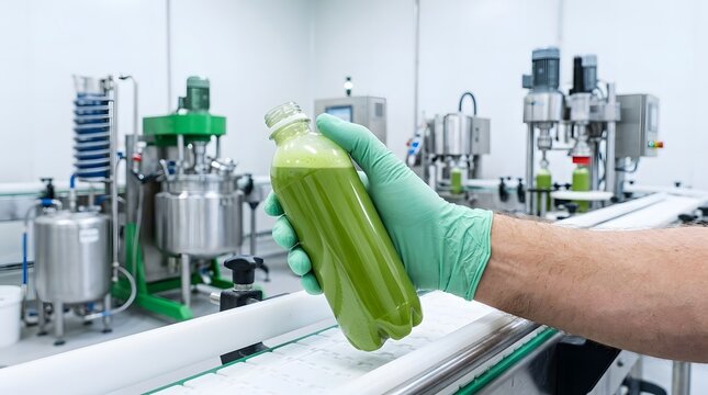 Worker Holding Green Matcha Drink Bottle on Production Line