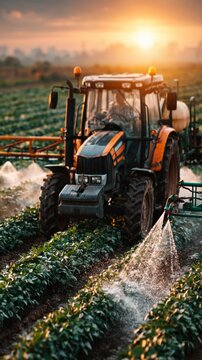 A tractor sprays crops in a field during sunset with a glowing background.