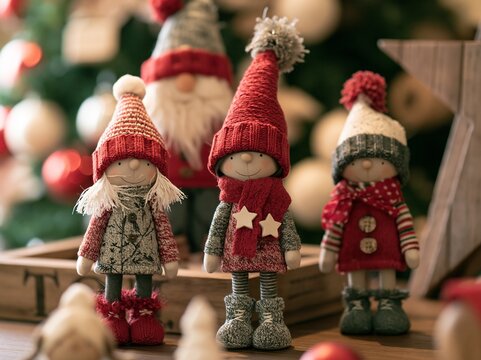 温もりある木製のテーブルに置かれた可愛らしいクリスマスの妖精人形