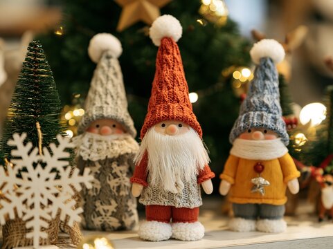 ライトアップされたクリスマスツリーのそばに並ぶ可愛いトントゥ人形