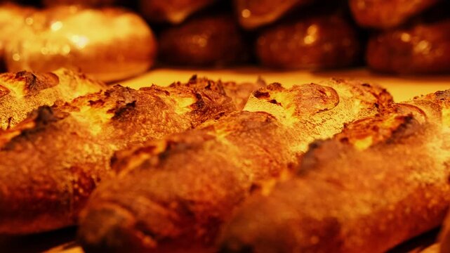 Golden crusted baguettes rest on wooden surface after baking closeup. Handmade loaves highlight authentic recipes and artisanal baking traditions