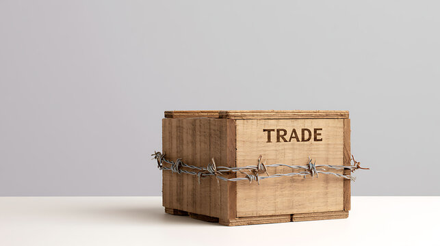 A wooden crate labeled trade encircled with sharp barbed wire on a clean light background symbolizing economic restriction or crisis concept