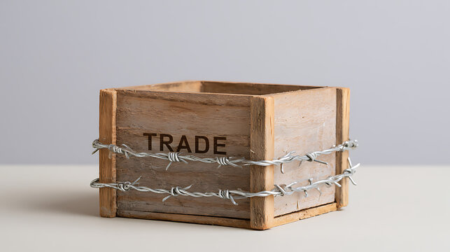 A wooden box with the word trade printed on it wrapped tightly in sharp barbed wire representing restriction, barrier, and global conflict