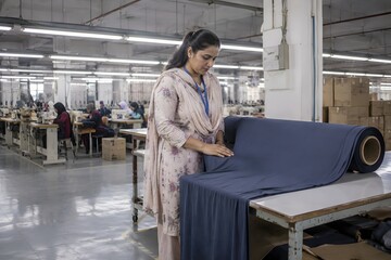 Fototapeta premium Woman working in textile factory in the late morning