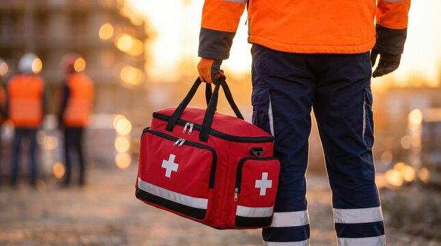 First responder carrying essential medical equipment to assist injured workers at a construction facility.
