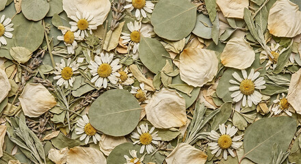 Fototapeta premium Flat lay composition of dried chamomile flowers eucalyptus leaves and natural botanical elements