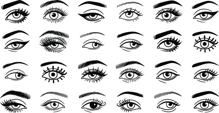 Hand drawn fashion eyes and eyebrows vector set featuring diverse makeup eyeliner styles eyelashes and expressions elements