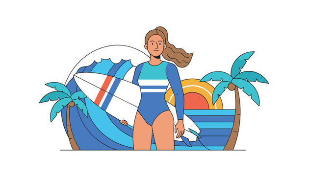 Young female surfer holding her surfboard stands confidently against a vibrant beach backdrop with ocean waves and sunset.