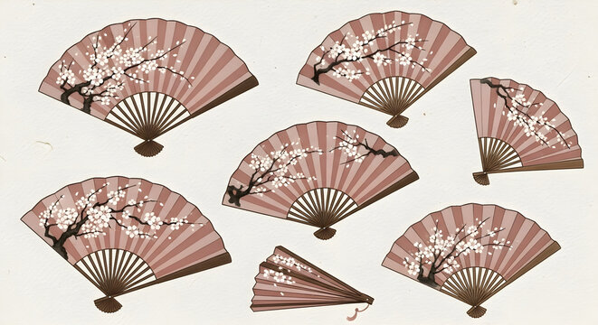 Japanese Folding Fans with Cherry Blossom Design - Traditional Sakura Sensu Pattern on Textured Background