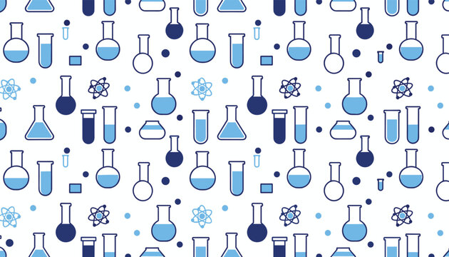 Seamless pattern of blue chemistry laboratory glassware like flasks and test tubes with atoms and dots creates a scientific background.