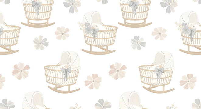 Gentle baby bassinet and floral seamless pattern with rocking cradles and soft pastel flowers