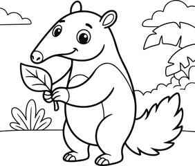 Fototapeta premium Cute cartoon anteater holding a leaf in the jungle, coloring page for kids