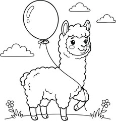 Naklejka premium Cute cartoon llama holding a balloon in a meadow with flowers and clouds