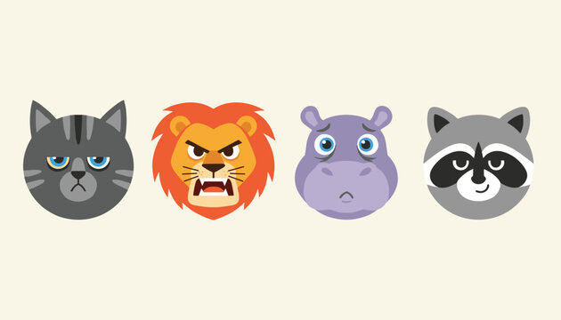 Set of four cartoon animal faces shows a grumpy cat, angry lion, sad hippo, and happy raccoon with expressive features.
