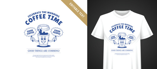 Naklejka premium Playful vintage line art t-shirt template with funny cartoon coffee character mascot, retro typography, deep blue palette and fully editable text for custom apparel print