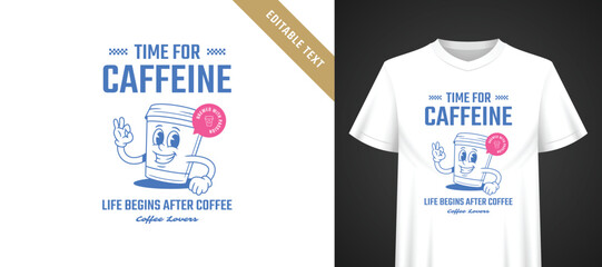 Naklejka premium Bright blue and pink accent t-shirt template with cheerful retro cartoon coffee mascot showing ok hand gesture, bold caffeine typography and fully editable text for fun casual apparel print