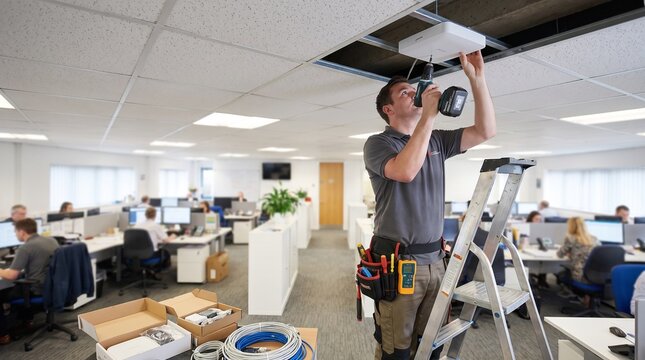 Technician installs wireless access point in office
