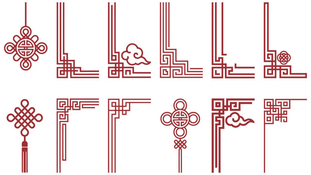Chinese pattern corner frame set. Oriental decorative borders for Lunar New Year celebration, Asian festivals, invitation cards and cultural graphic design.