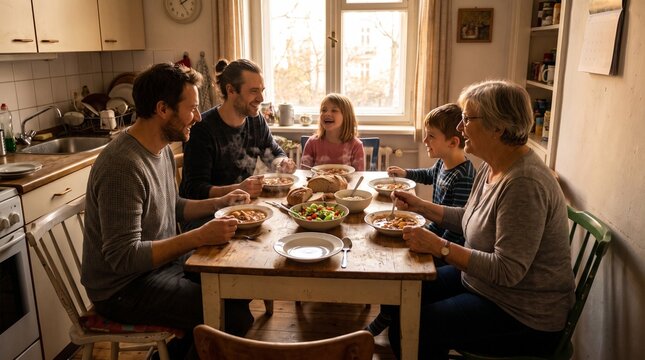 Family shares home cooked dinner around table