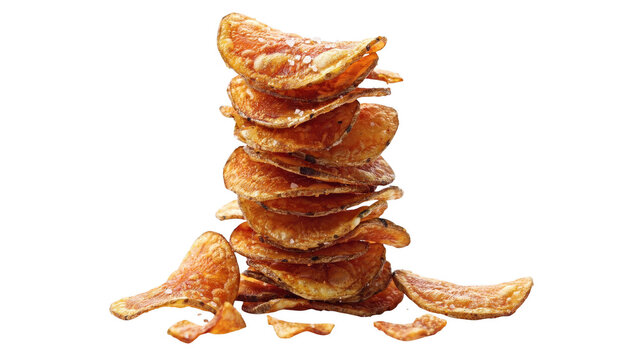 A tall, precarious stack of crispy, golden-brown potato chips seasoned with coarse sea salt, isolated against a solid black background