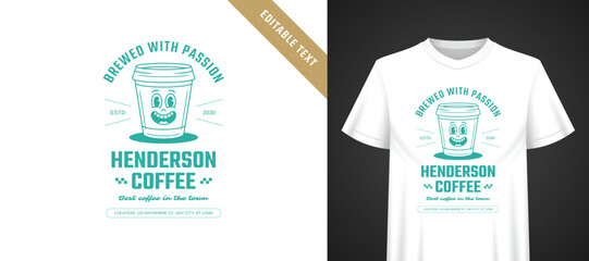 Naklejka premium Soft mint turquoise retro disposable coffee cup cartoon template for t-shirt, brewed passion slogan, bold stacked typography, fully editable text for local independent roastery casual apparel